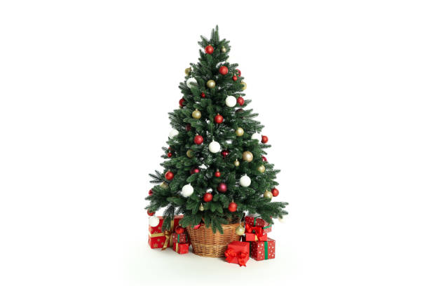istock Composition with Christmas tree and gifts isolated on white background 2184099376