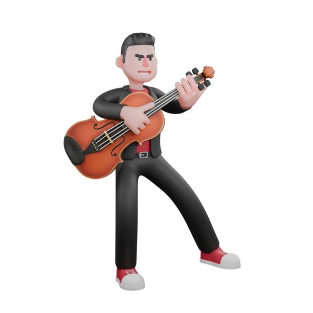3D Animated Dance Choreographer. A male choreographer stands while plucking a contrabass. Cartoon Performer