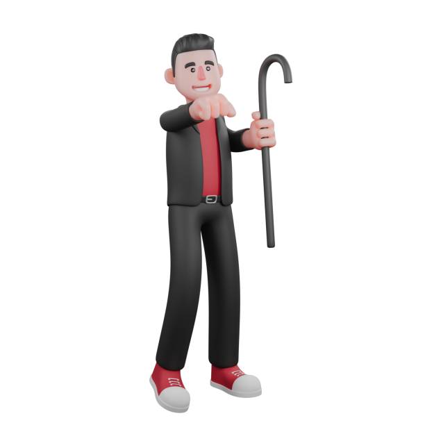 istock Dance Performer 3D Choreographer. A male choreographer stands holding a stick in his left hand and his right hand clenched forward with a happy expression. Cartoon Model 2184100915
