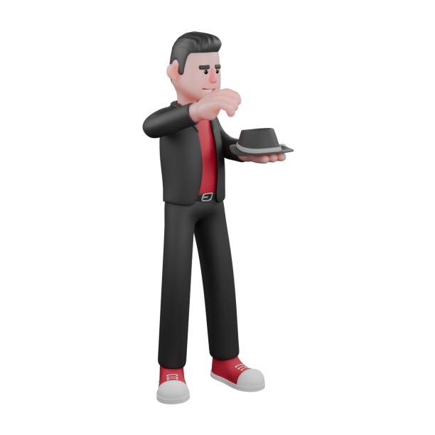 istock 3D Choreographer Character Design. A male choreographer stands holding a hat in his hand with a happy expression. Animated Talent 2184101032