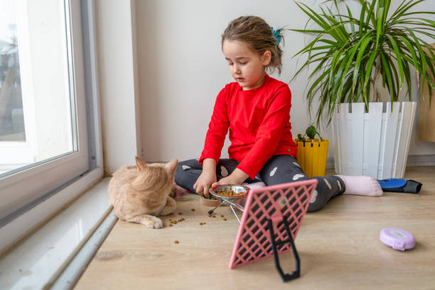 istock Heartwarming interactions between children and their pets, showing the responsibilities, compassion and learning experiences involved in pet care. Mutual love and trust between children and their furry friends. Pet feeding, grooming, bonding moments. 2184103156