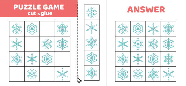 istock puzzle game with snowflakes. Game puzzle for kids. Cut and glue. Cartoon 2184105484