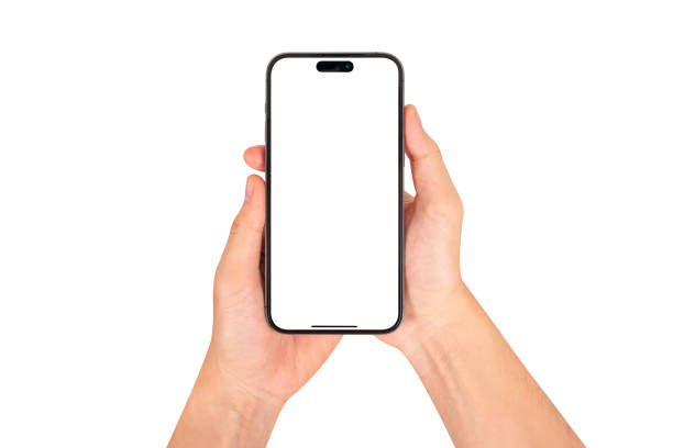 istock Hand showing smartphone with blank screen isolated on white background. 2184106499