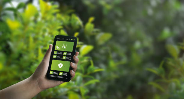 istock Green technology concept, sustainable ecological development, green energy, green artificial intelligence, environment, phone screen display 2184109044