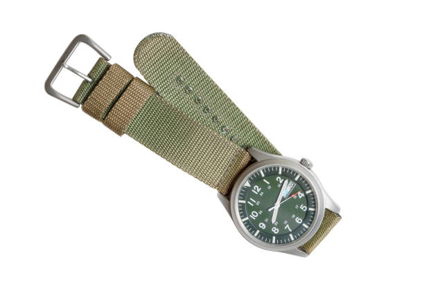 istock Top view military wrist watch with green nylon strap on white background. 2184110490