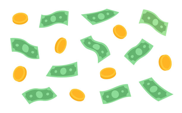 ilustraciones, imágenes clip art, dibujos animados e iconos de stock de billetes de dólar y monedas de oro cayendo. colección de diferentes posiciones de dólares verdes y monedas de oro. dinero de la ilustración vectorial. - levitación