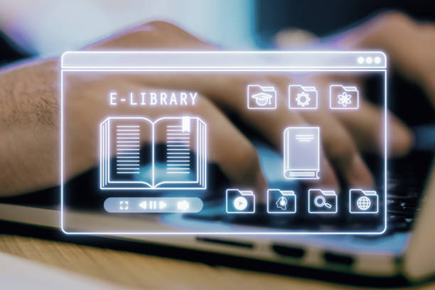 istock Digital E-Library Interface on Laptop Screen with Icons and Book Symbol. 2184113826