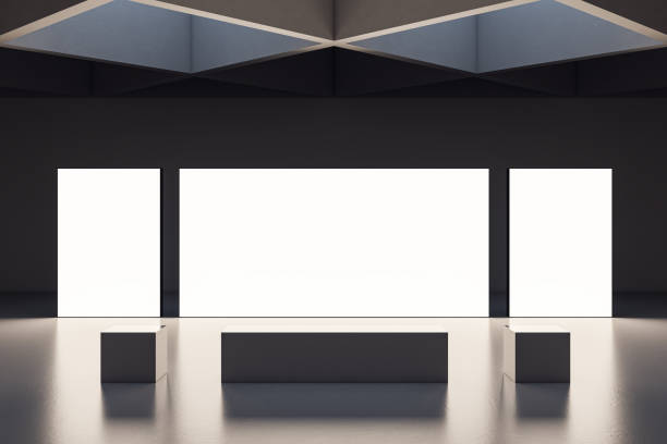 istock Modern Exhibition Space with Blank Displays in Dark Interior. 3D Rendering 2184114124