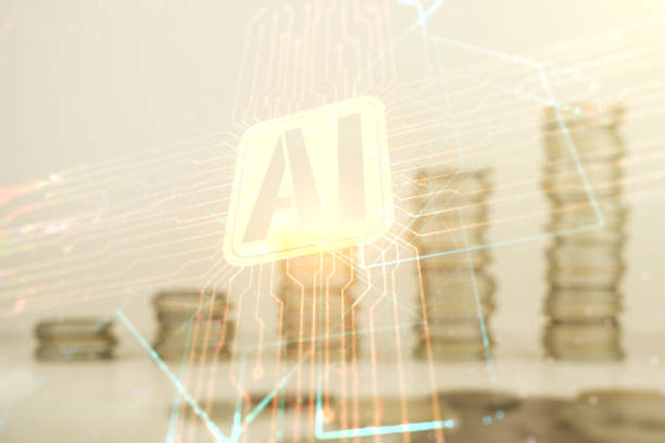 istock Double exposure of creative artificial Intelligence icon on growing stacks of coins background. Neural networks and machine learning concept 2184114469
