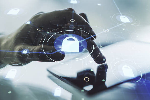 istock Creative idea concept with lock symbol and microcircuit illustration and with finger clicks on a digital tablet on background. Protection and firewall concept. Multiexposure 2184114522