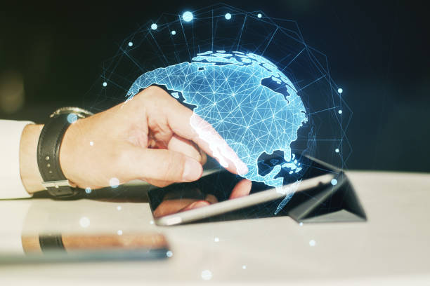 istock Double exposure of graphic America map and hand working with a digital tablet on background, big data and digital technology concept 2184114540