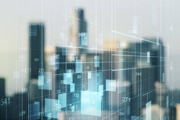 Abstract virtual stats data hologram on blurry skyline background. Multiexposure