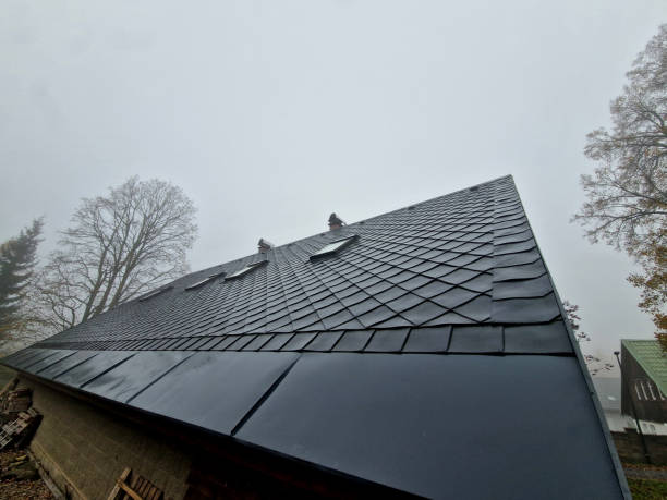 istock gray roof tiles with windows square slate template. square grid pattern. lower edge of the roof is formed by metal strip for framing  better tearing off  layer of snow heat transfer through , chimney 2184115185