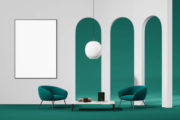 istock Living room interior with green armchairs and coffee table, mockup frame 2184117140