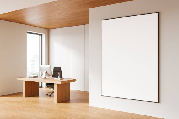 istock Empty wall poster mockup in modern office space with wooden accents. 3D Rendering 2184117967