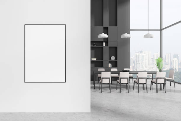 istock Blank framed poster mockup on white wall in modern office room. 3D Rendering 2184118089