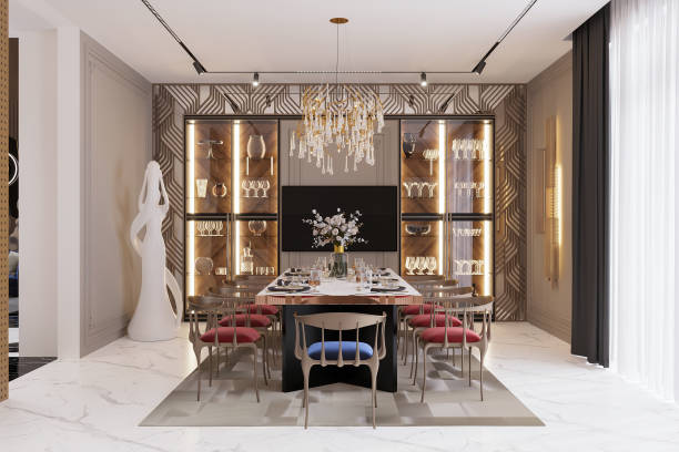 istock Luxury Modern Dining Room with Gold Chandelier and Stylish Display Cabinets 2184118908