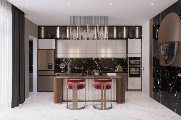 istock Luxury Modern Kitchen with Marble Backsplash, Island Seating, and Contemporary Chandelier 2184118937