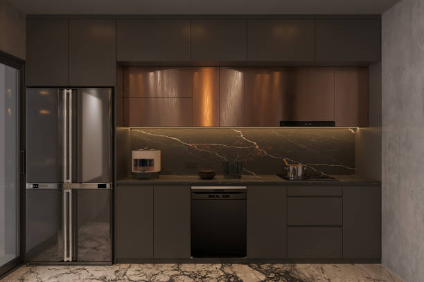 istock Modern Kitchen with Sleek Dark Cabinets and Marble Backsplash 2184118981