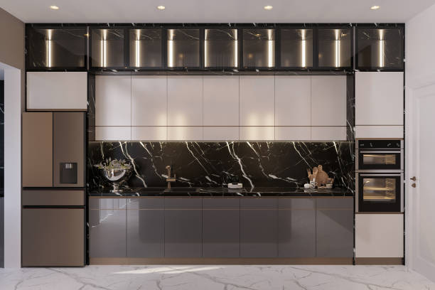 istock Modern Luxury Kitchen with Sleek Marble Backsplash and High-End Appliances 2184118984