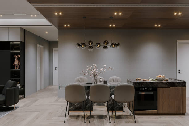istock Contemporary Open-Concept Kitchen with Marble Island and Modern Lighting 2184119088
