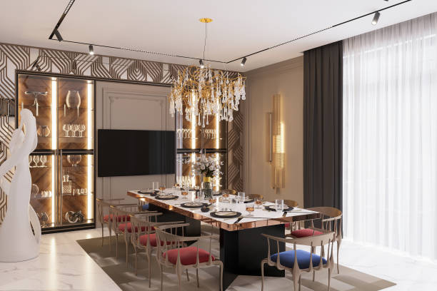 istock Elegant Modern Dining Room with Crystal Chandelier and Luxury Decor 2184119096