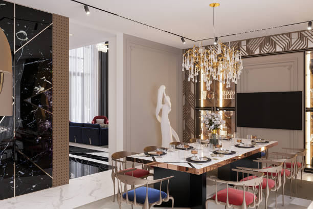 istock Luxury Modern Dining Room with Marble Table and Crystal Chandelier 2184119127
