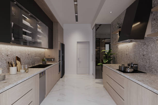 istock Modern Galley Kitchen with Stone Countertops and Minimalist Design 2184119265