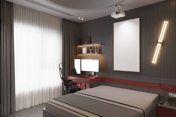 istock Modern Gaming Bedroom Setup with Dual Monitors and Stylish Decor 2184119276