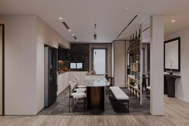 istock Modern Open-Concept Kitchen with Marble Island and Contemporary Dining Area 2184119362