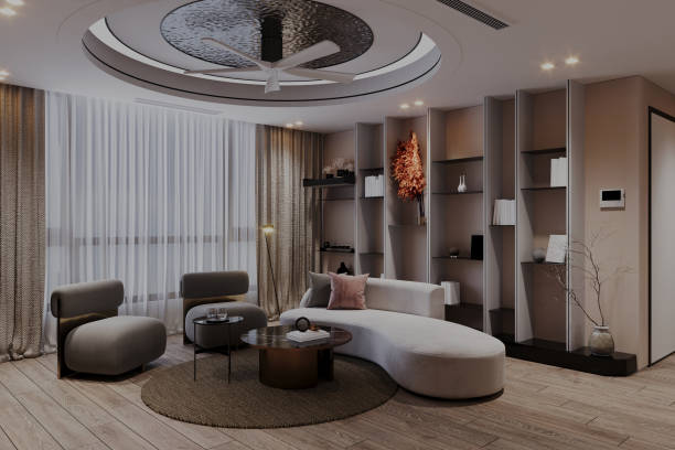 istock Contemporary Living Room with Elegant Curved Sofa and Modern Decor Elements 2184119367