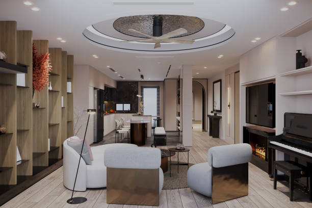 istock Open Concept Modern Living Room and Kitchen with Stylish Interior Design 2184119368