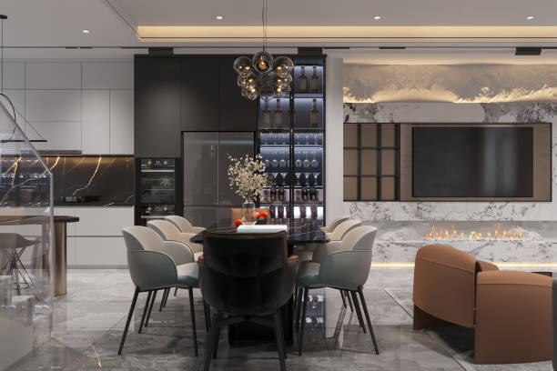 istock Modern Luxury Dining Area with Marble Fireplace and Designer Kitchen 2184119378