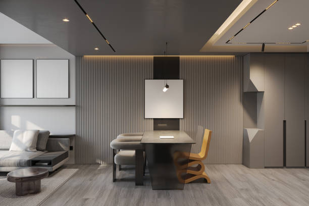istock Contemporary Minimalist Dining Room with Modern Lighting and Textured Wall 2184119382
