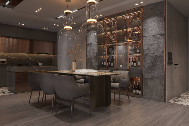 istock Modern Luxury Dining Room with Marble Accents and Glass Wine Display 2184119393