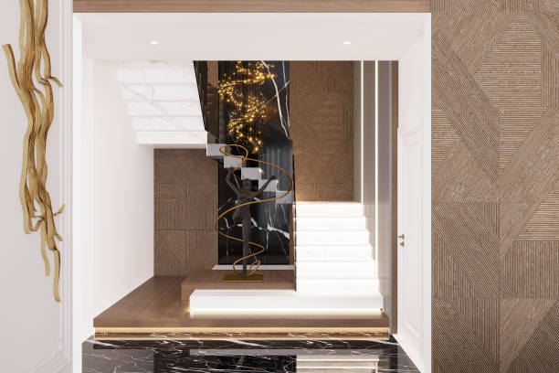 istock Luxury Modern Staircase with Artistic Sculpture and Lighting 2184119444