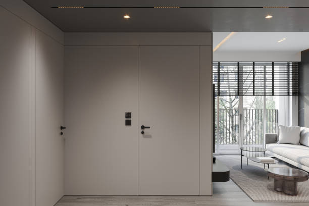 istock Minimalist Modern Living Room Interior with Sleek Hidden Door Design 2184119468