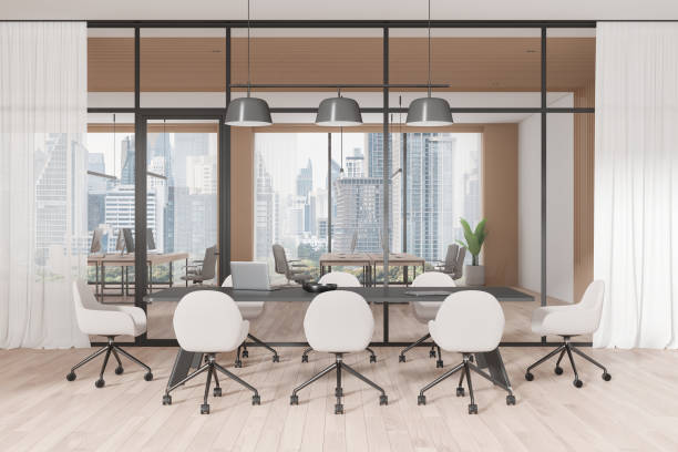 istock Modern office interior with large windows and contemporary furnishings. 3D Rendering 2184119469