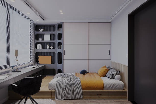 istock Modern Teen Bedroom with Built-in Storage and Study Space 2184119543