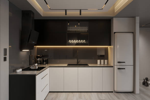 istock Sleek Modern Kitchen Interior with Minimalist Design and Ambient Lighting 2184119544