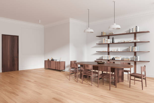 istock Light home living room interior with table and seats, shelf with decoration 2184119546