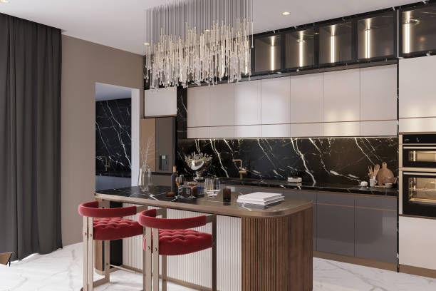 istock Modern Luxury Kitchen with Marble Accents and Elegant Island Seating 2184119561