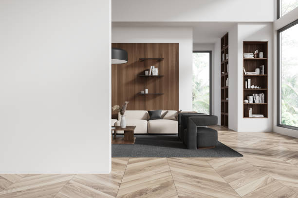 istock Modern living room interior with blank wall and wooden decor. 3D Rendering 2184119603