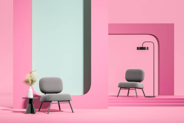 istock Modern interior design with grey chairs and pink geometric backgrounds. 3D Rendering 2184119767