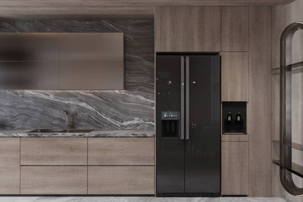 istock Modern Kitchen Design with Integrated Appliances and Marble Backsplash 2184119787