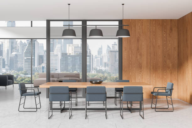 istock Home living room interior with dinner table and chairs, panoramic window 2184119810