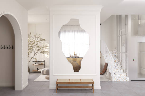 istock Modern Minimalist Interior with Unique Wall Mirror and Glass Staircase 2184120111