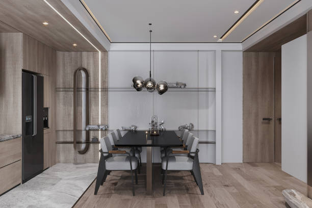 istock Modern Minimalist Dining Room with Sleek Black Table and Contemporary Lighting 2184120122