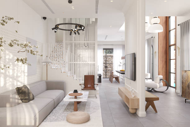 istock Modern Open-Concept Living and Dining Room with Elegant Staircase and Natural Light 2184120231