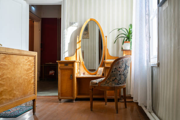 istock Old style bedroom interior design with bed, chair and vanity table. 2184121104